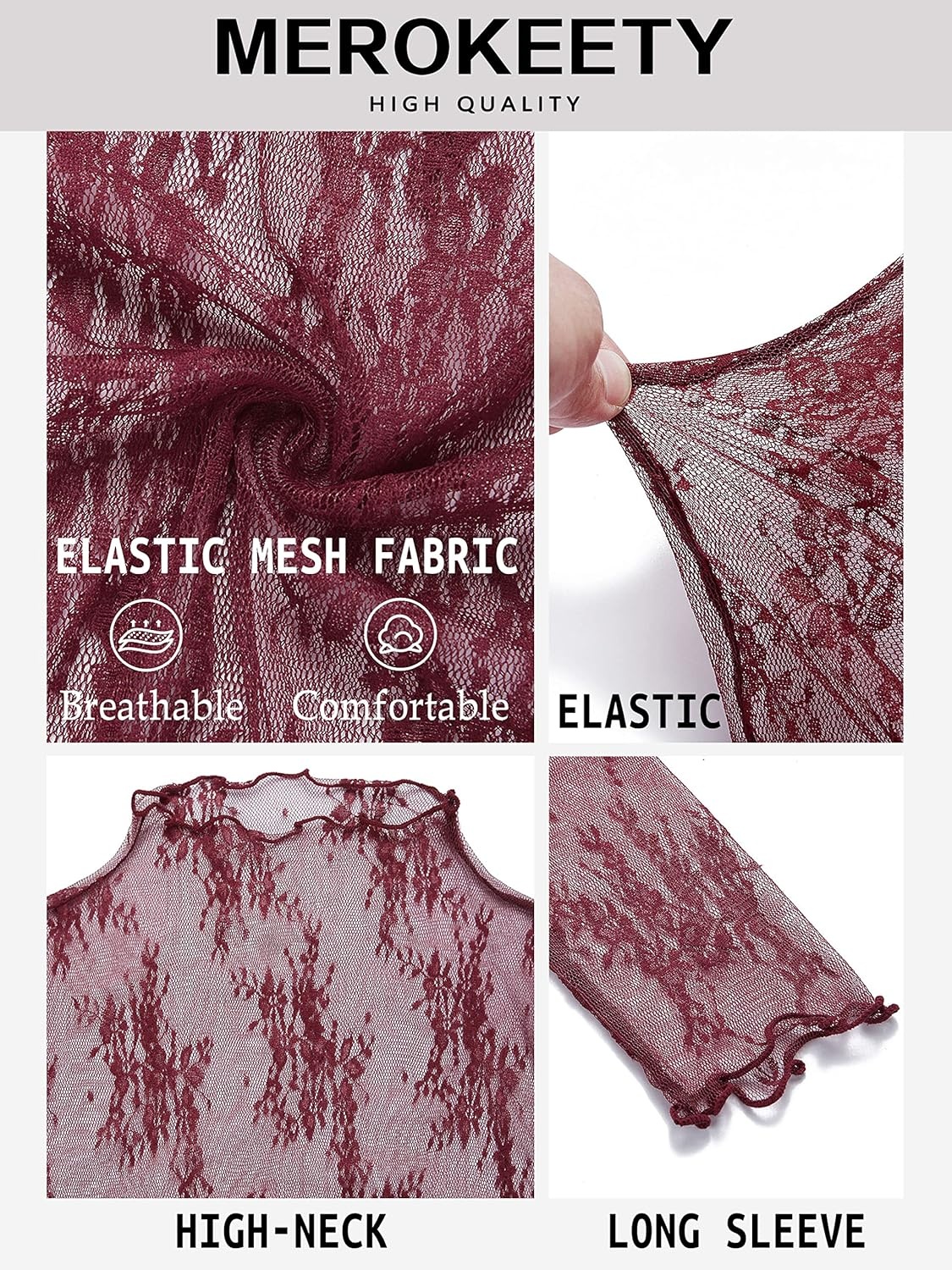 image:imageMEROKEETY Womens Mesh Sheer Lace Long Sleeve Tops 2026 See Through Mock Neck Shirt Fashion Blouses Date Night Outfit ClothesBurgundy