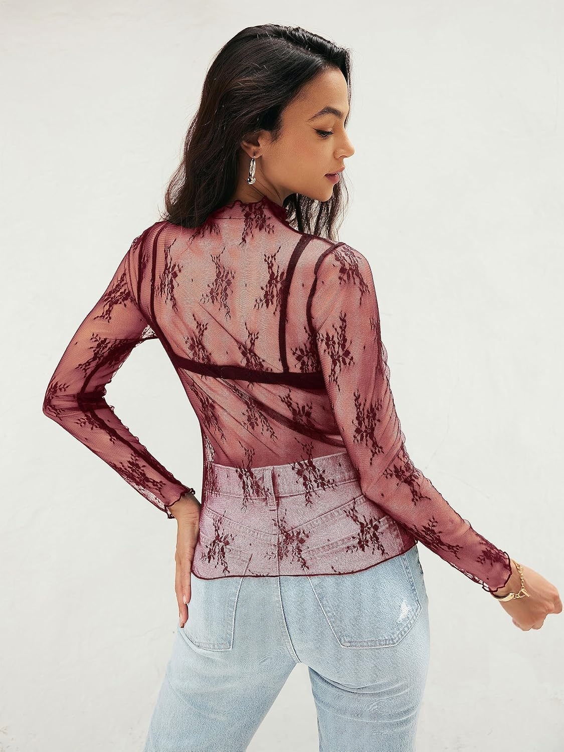 image:imageMEROKEETY Womens Mesh Sheer Lace Long Sleeve Tops 2026 See Through Mock Neck Shirt Fashion Blouses Date Night Outfit ClothesBurgundy