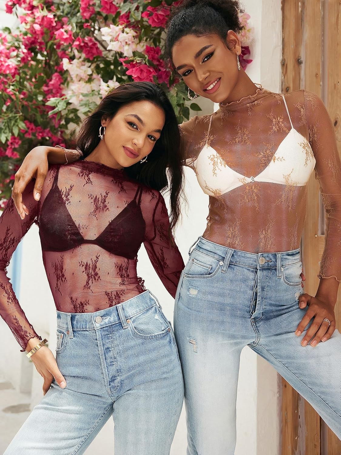 image:imageMEROKEETY Womens Mesh Sheer Lace Long Sleeve Tops 2026 See Through Mock Neck Shirt Fashion Blouses Date Night Outfit ClothesBurgundy