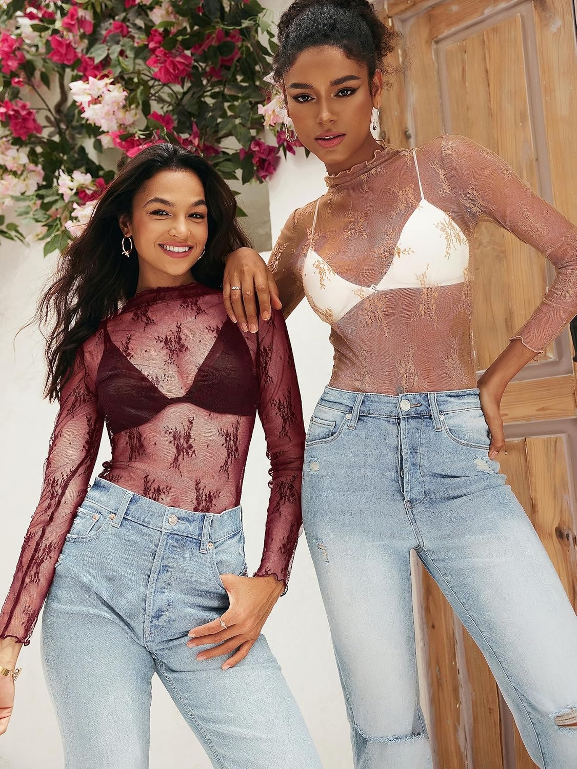image:imageMEROKEETY Womens Mesh Sheer Lace Long Sleeve Tops 2026 See Through Mock Neck Shirt Fashion Blouses Date Night Outfit ClothesBurgundy