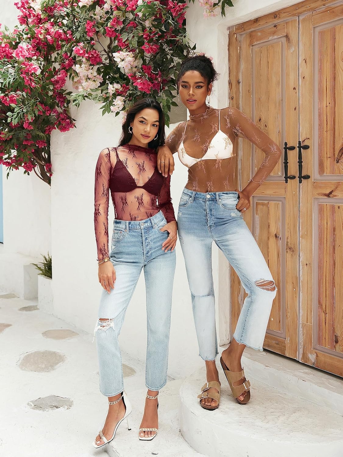 image:imageMEROKEETY Womens Mesh Sheer Lace Long Sleeve Tops 2026 See Through Mock Neck Shirt Fashion Blouses Date Night Outfit ClothesBurgundy