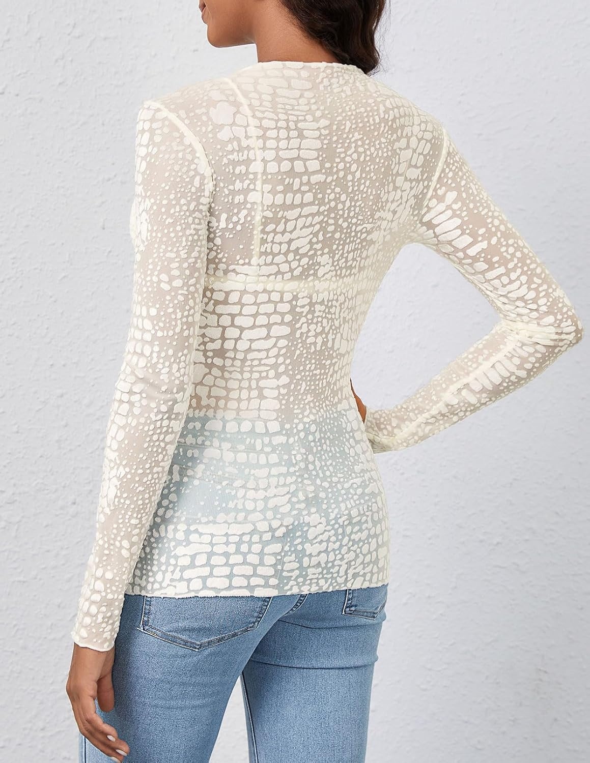image:imageMEROKEETY Womens Mesh Sheer Lace Long Sleeve Tops 2026 See Through Mock Neck Shirt Fashion Blouses Date Night Outfit ClothesLeopardwhite