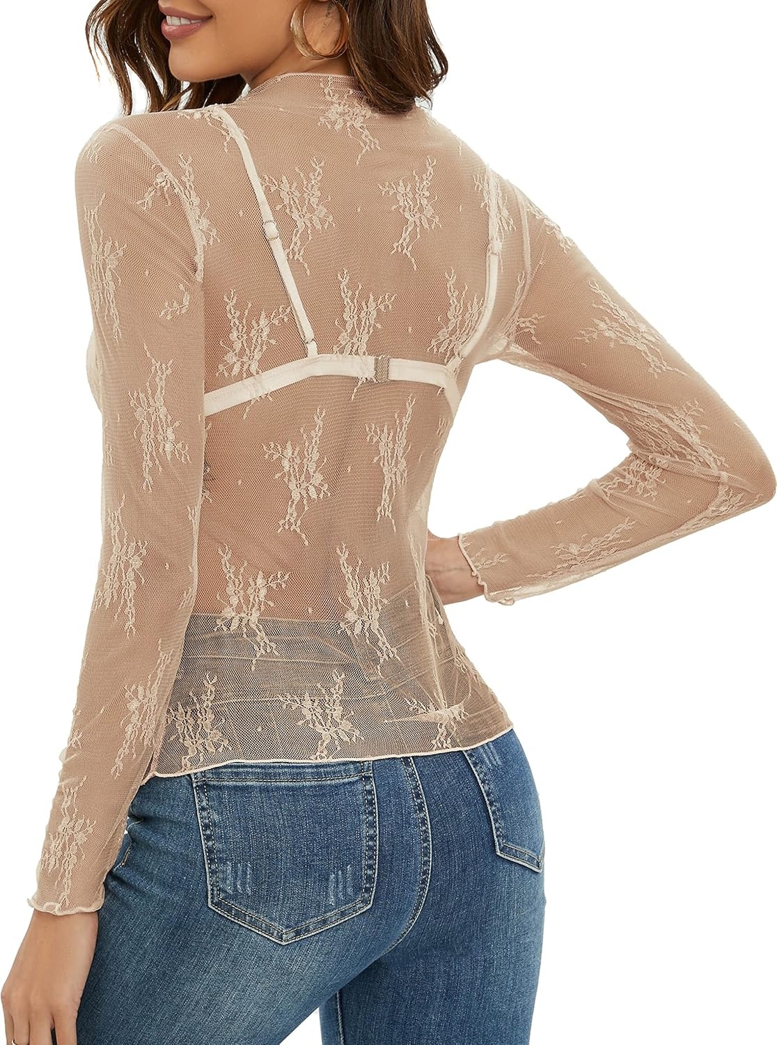 image:imageMEROKEETY Womens Mesh Sheer Lace Long Sleeve Tops 2026 See Through Mock Neck Shirt Fashion Blouses Date Night Outfit ClothesLightkhaki