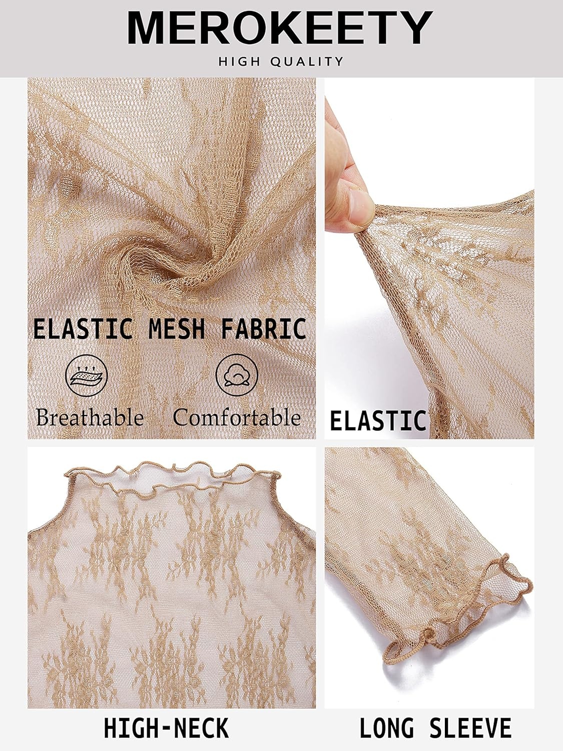 image:imageMEROKEETY Womens Mesh Sheer Lace Long Sleeve Tops 2026 See Through Mock Neck Shirt Fashion Blouses Date Night Outfit ClothesLightkhaki