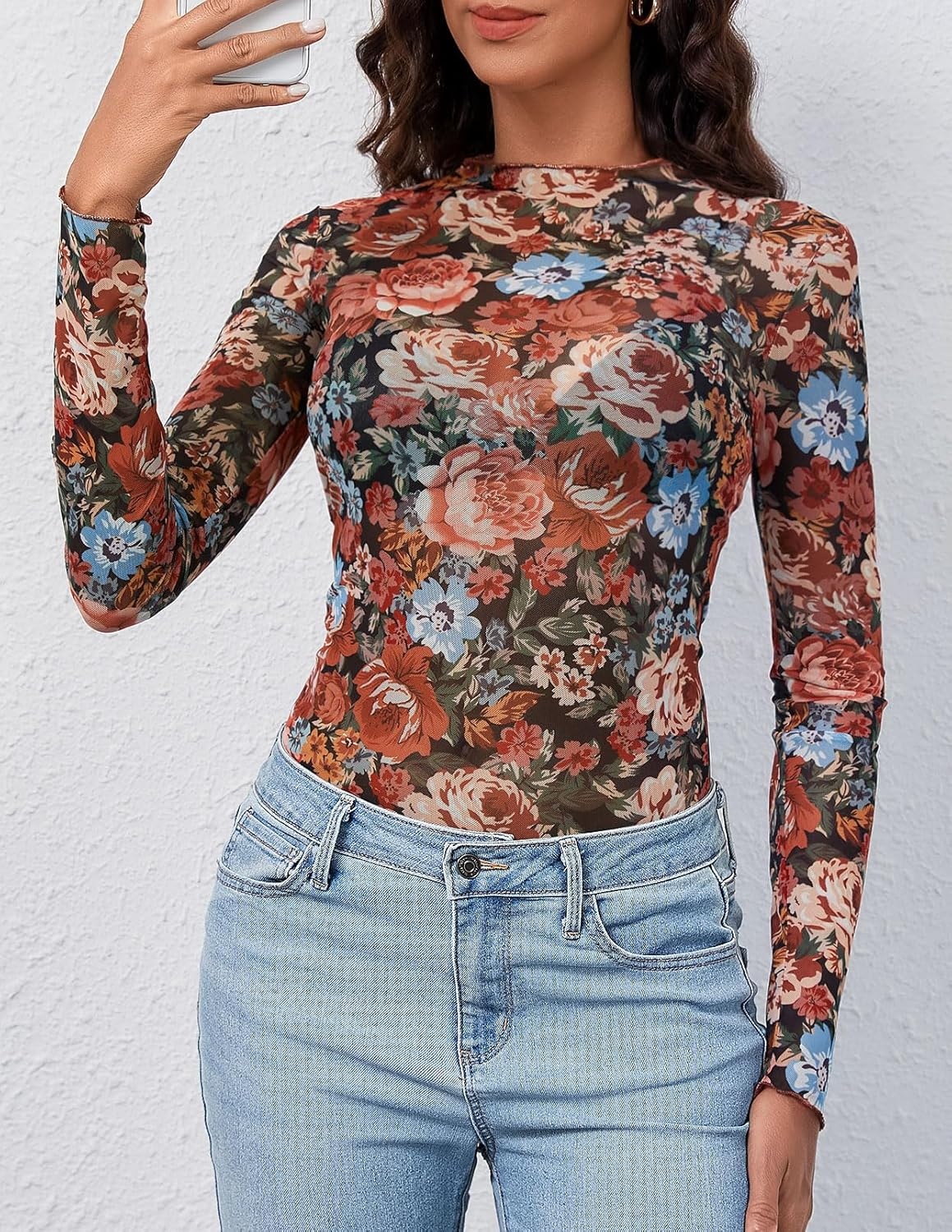 image:imageMEROKEETY Womens Mesh Sheer Lace Long Sleeve Tops 2026 See Through Mock Neck Shirt Fashion Blouses Date Night Outfit ClothesMulticolor