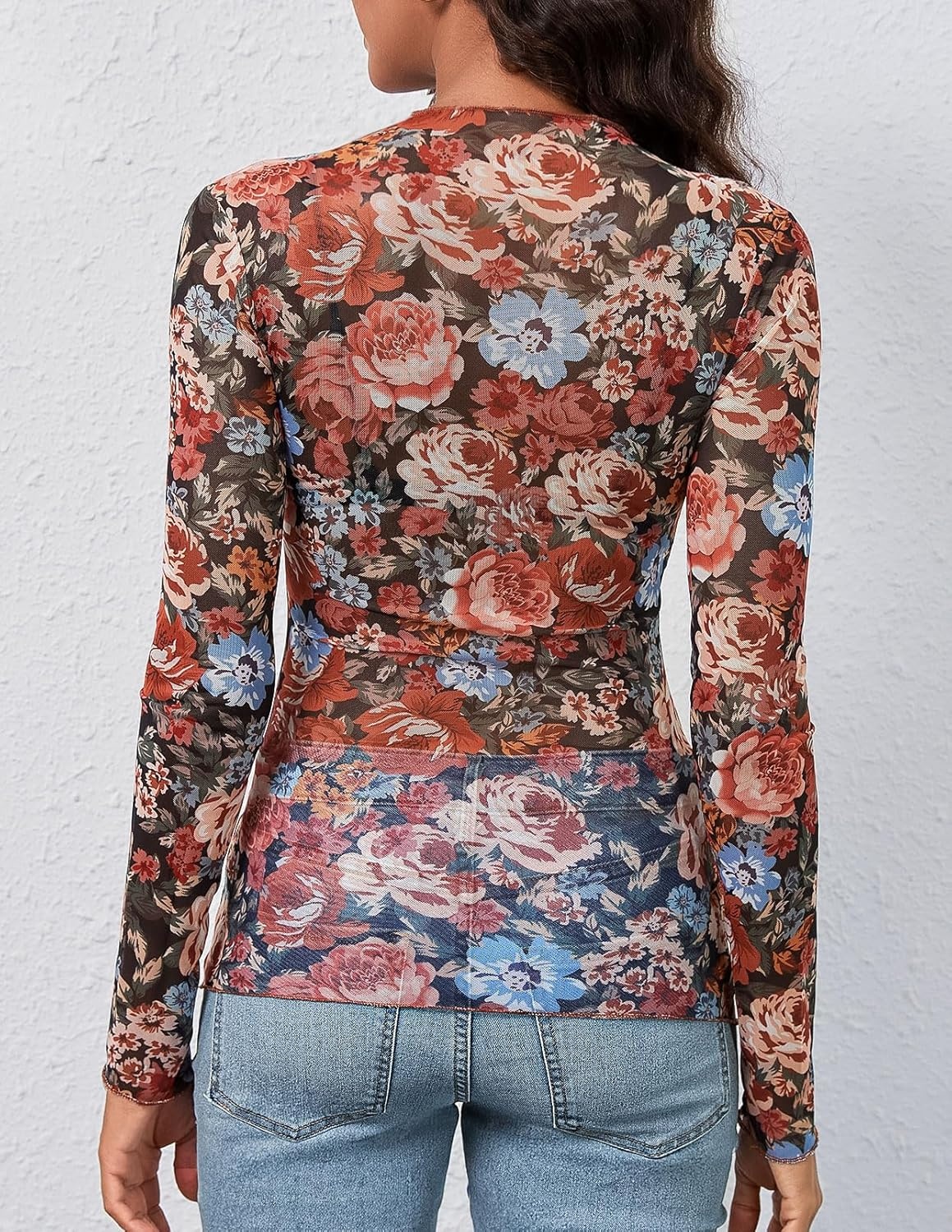 image:imageMEROKEETY Womens Mesh Sheer Lace Long Sleeve Tops 2026 See Through Mock Neck Shirt Fashion Blouses Date Night Outfit ClothesMulticolor