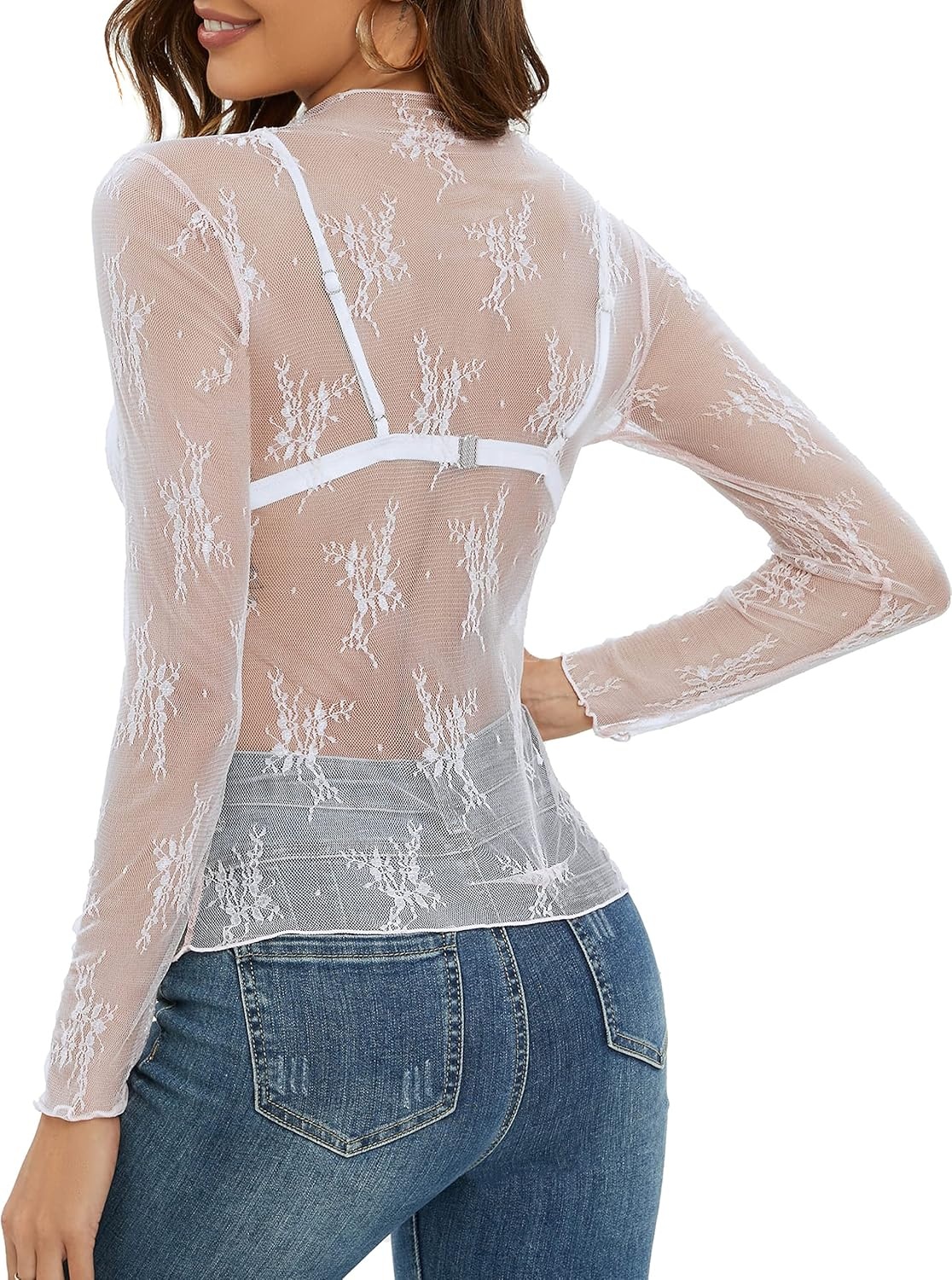 image:imageMEROKEETY Womens Mesh Sheer Lace Long Sleeve Tops 2026 See Through Mock Neck Shirt Fashion Blouses Date Night Outfit ClothesWhite