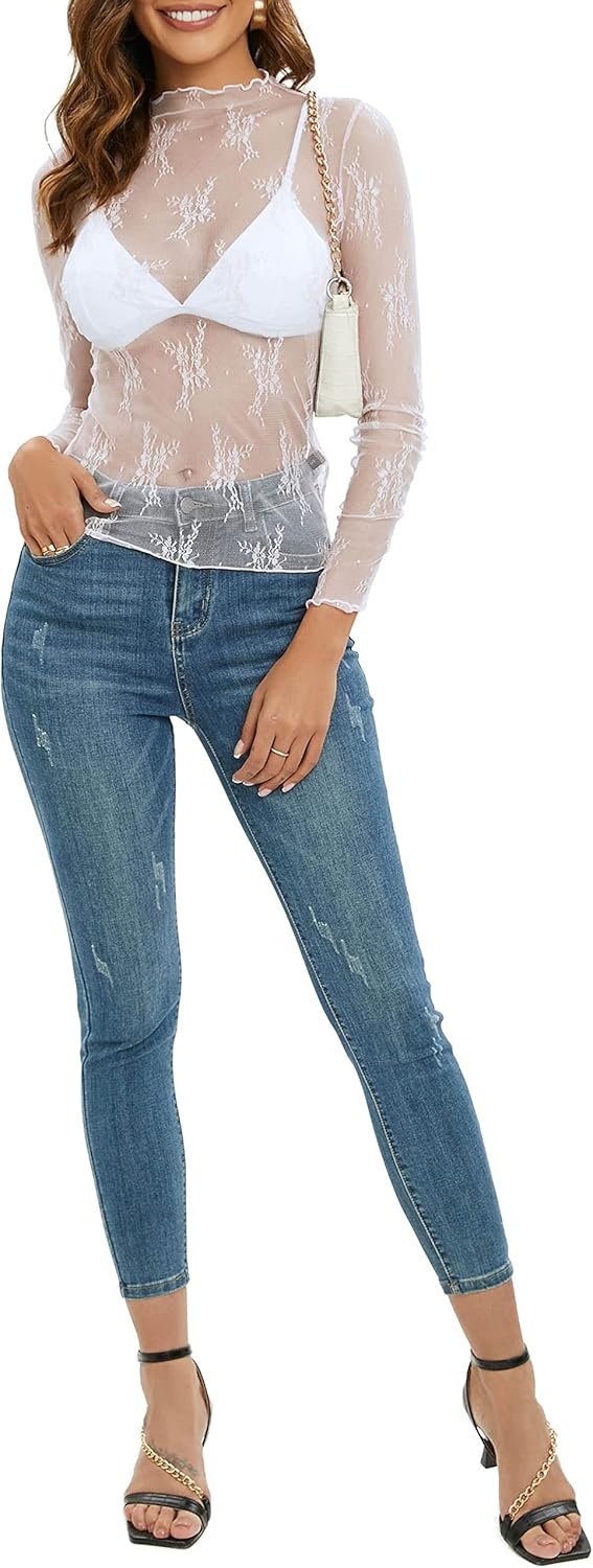 image:imageMEROKEETY Womens Mesh Sheer Lace Long Sleeve Tops 2026 See Through Mock Neck Shirt Fashion Blouses Date Night Outfit ClothesWhite