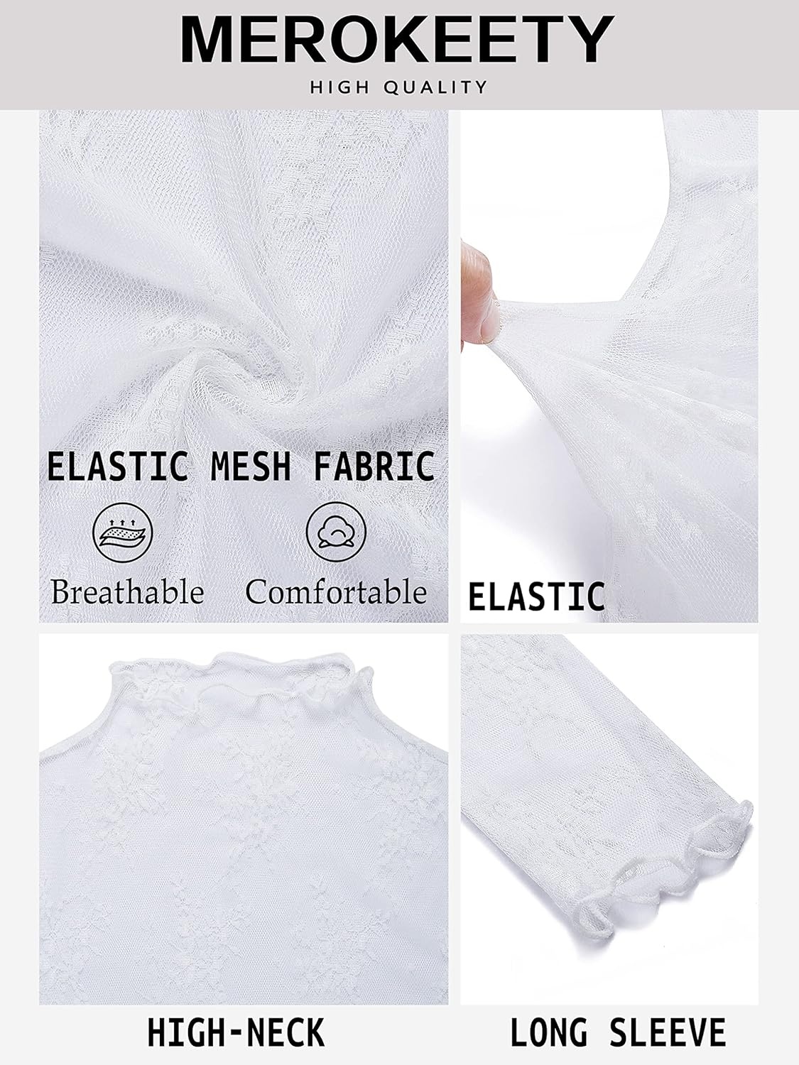 image:imageMEROKEETY Womens Mesh Sheer Lace Long Sleeve Tops 2026 See Through Mock Neck Shirt Fashion Blouses Date Night Outfit ClothesWhite