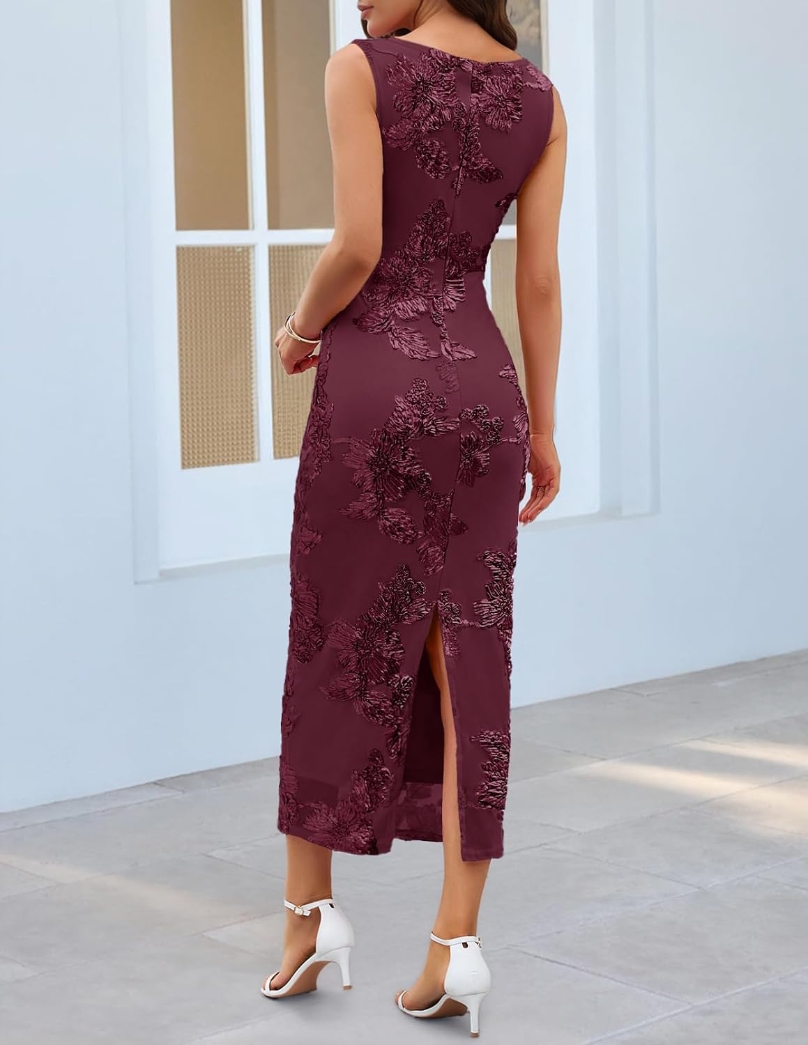 image:imageMEROKEETY Womens Summer Floral Bodycon Maxi Dress 2026 Slit Mesh Sleeveless Formal Wedding Guest Cocktail Party Long DressesBurgundy