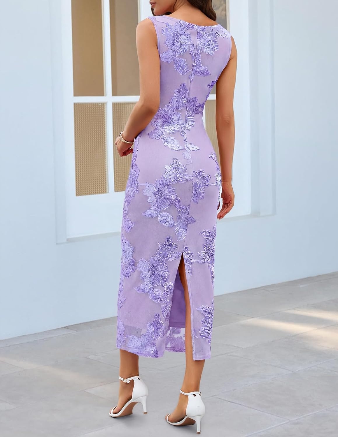 image:imageMEROKEETY Womens Summer Floral Bodycon Maxi Dress 2026 Slit Mesh Sleeveless Formal Wedding Guest Cocktail Party Long DressesPurple