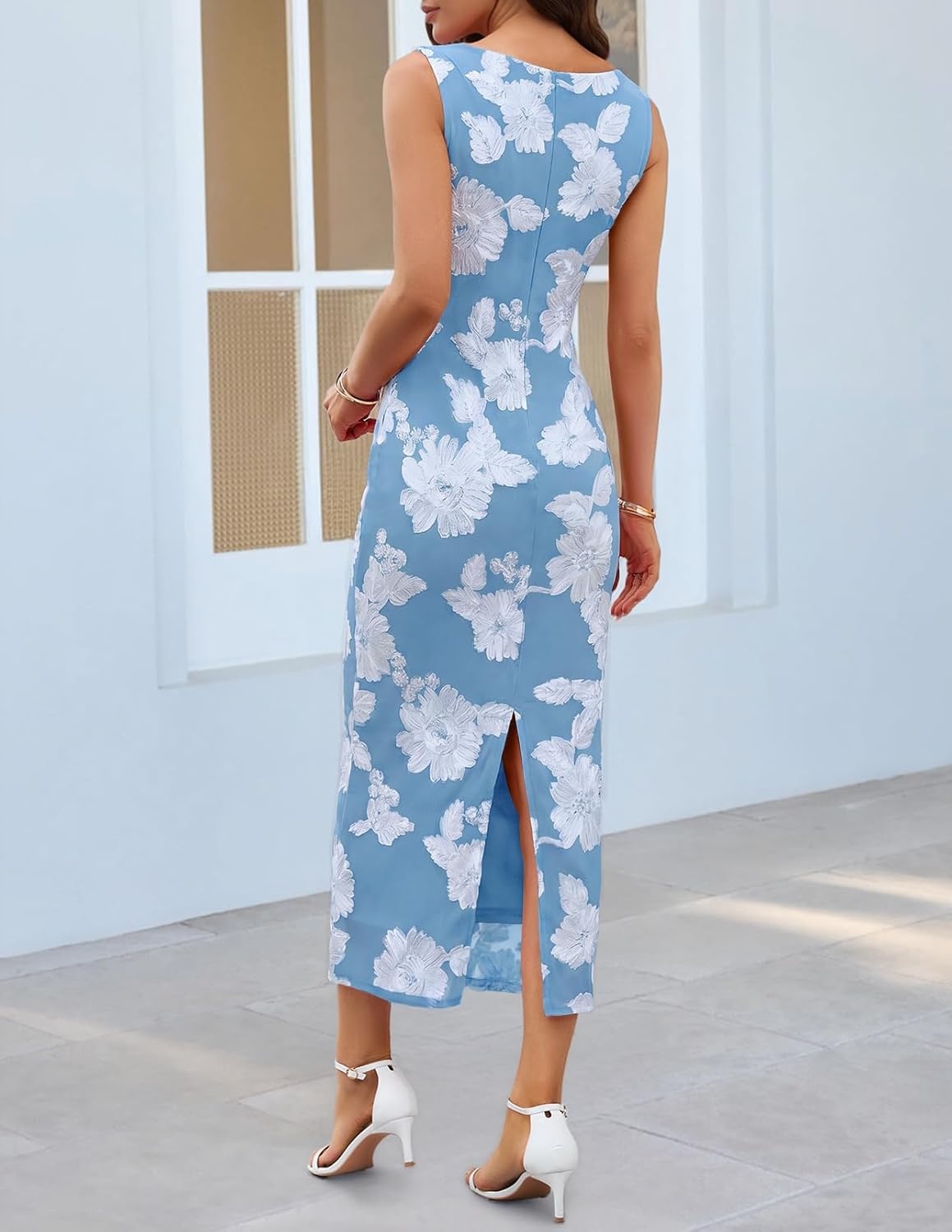 image:imageMEROKEETY Womens Summer Floral Bodycon Maxi Dress 2026 Slit Mesh Sleeveless Formal Wedding Guest Cocktail Party Long DressesSkyblue