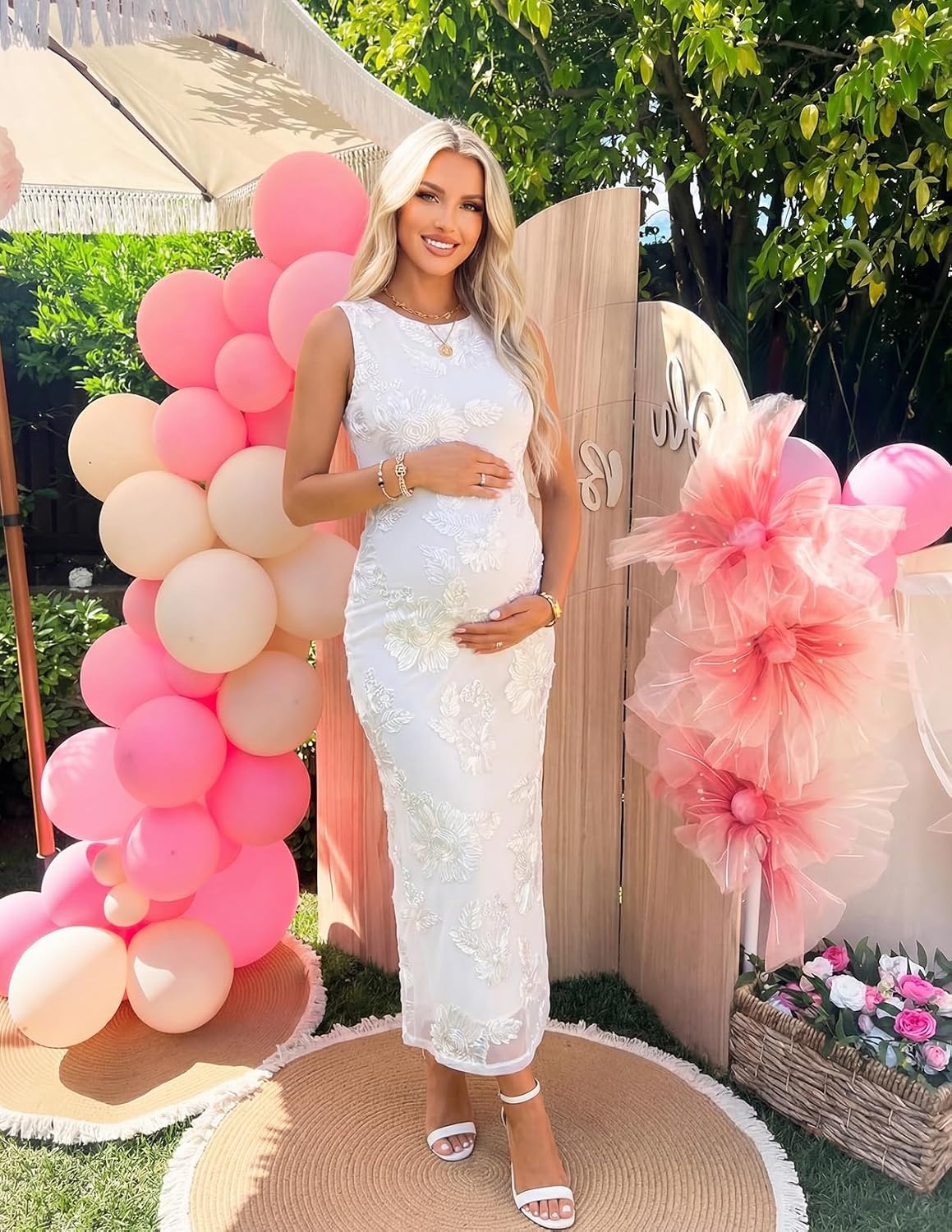 image:imageMEROKEETY Womens Summer Floral Bodycon Maxi Dress 2026 Slit Mesh Sleeveless Formal Wedding Guest Cocktail Party Long DressesWhite