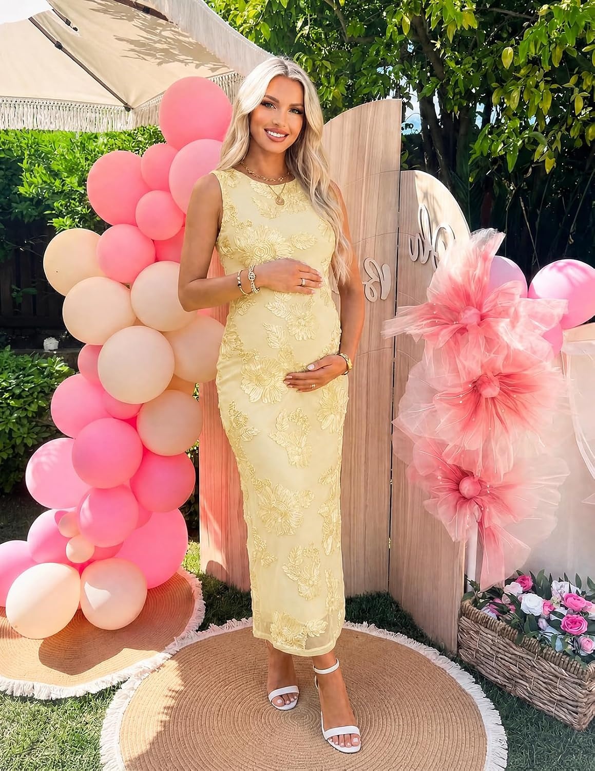 image:imageMEROKEETY Womens Summer Floral Bodycon Maxi Dress 2026 Slit Mesh Sleeveless Formal Wedding Guest Cocktail Party Long DressesYellow