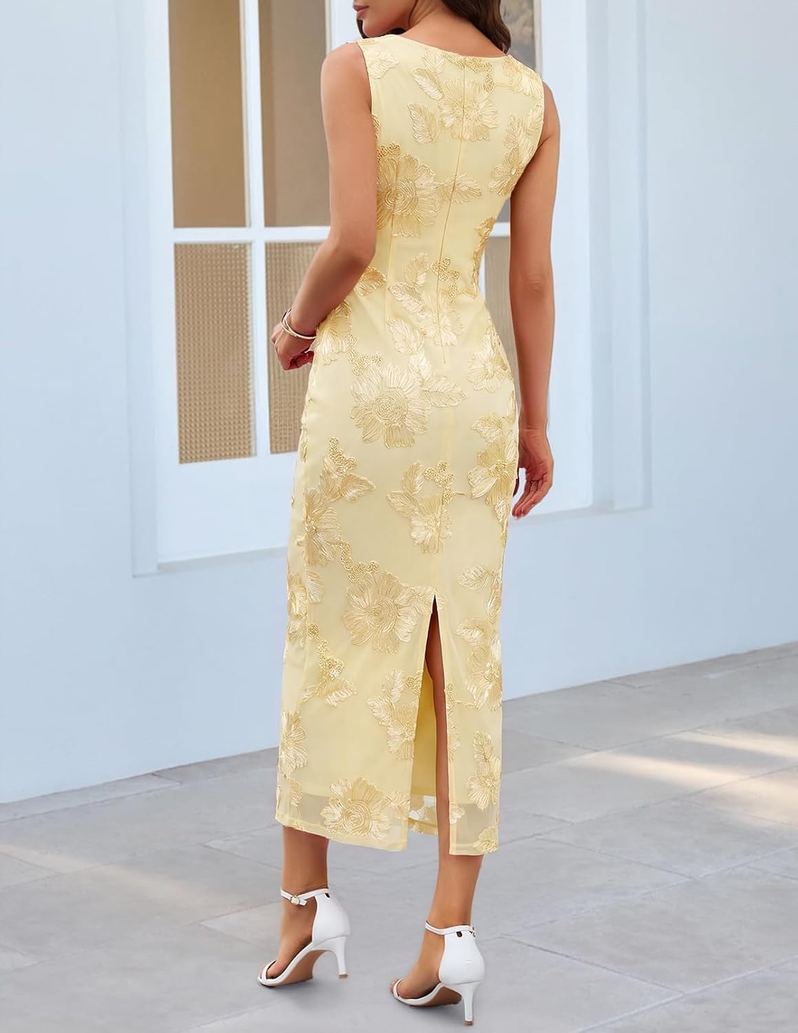 image:imageMEROKEETY Womens Summer Floral Bodycon Maxi Dress 2026 Slit Mesh Sleeveless Formal Wedding Guest Cocktail Party Long DressesYellow