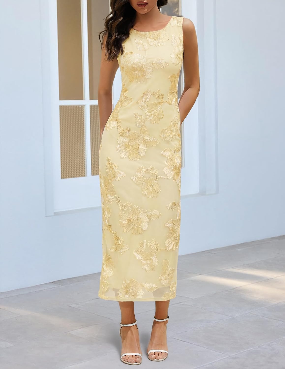 image:imageMEROKEETY Womens Summer Floral Bodycon Maxi Dress 2026 Slit Mesh Sleeveless Formal Wedding Guest Cocktail Party Long DressesYellow