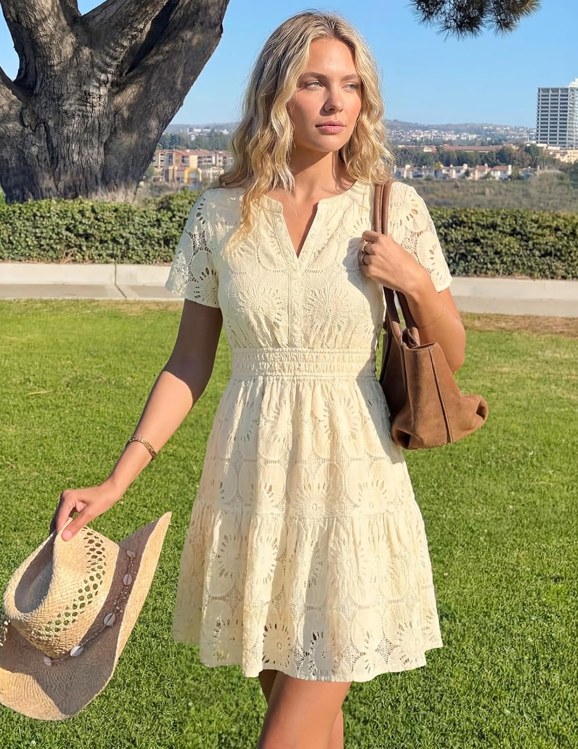 image:imageMEROKEETY Womens Summer Lace Boho Mini Dress 2026 Short Sleeve Floral Eyelet A Line Vacation Beach Short SundressApricot