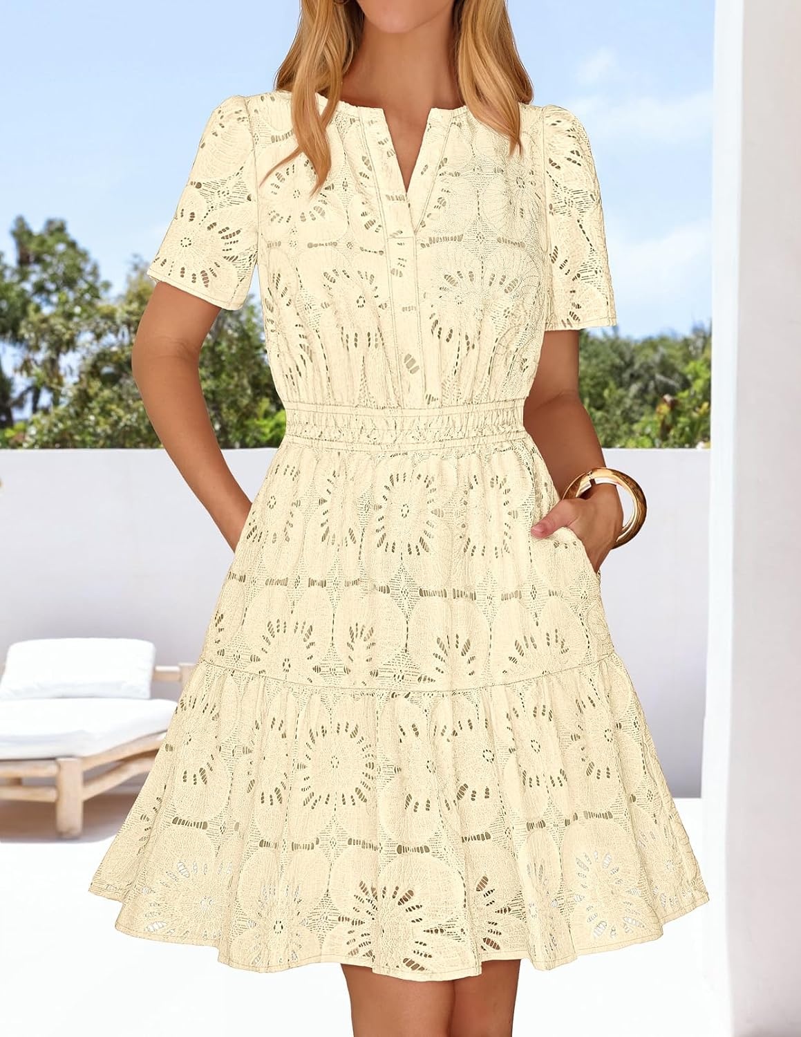 image:imageMEROKEETY Womens Summer Lace Boho Mini Dress 2026 Short Sleeve Floral Eyelet A Line Vacation Beach Short SundressApricot