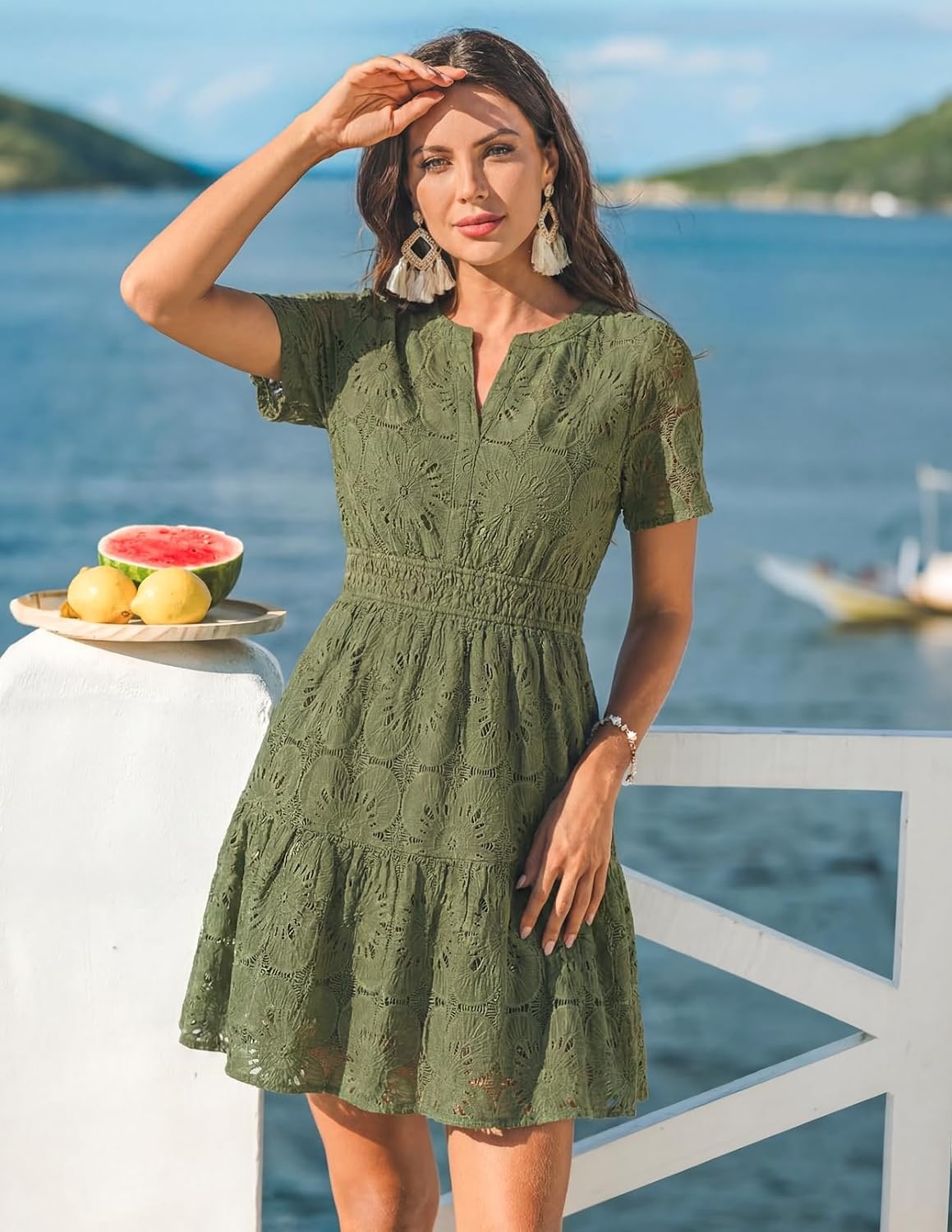 image:imageMEROKEETY Womens Summer Lace Boho Mini Dress 2026 Short Sleeve Floral Eyelet A Line Vacation Beach Short SundressArmy