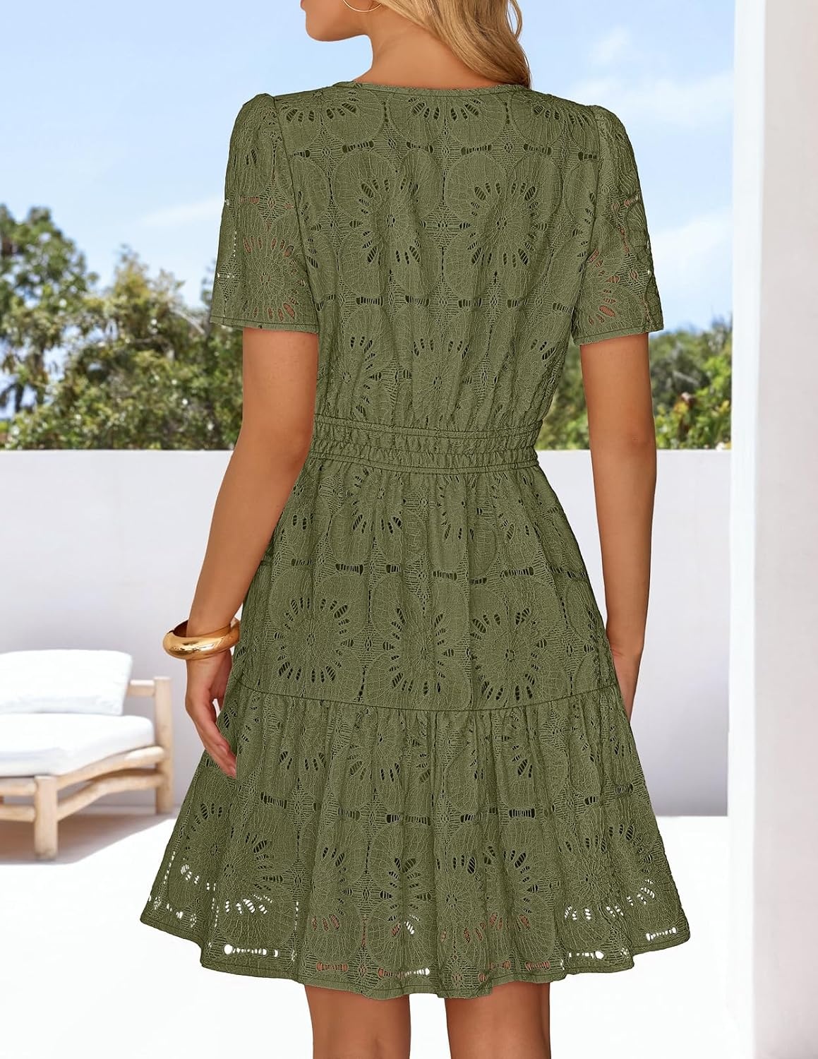 image:imageMEROKEETY Womens Summer Lace Boho Mini Dress 2026 Short Sleeve Floral Eyelet A Line Vacation Beach Short SundressArmy