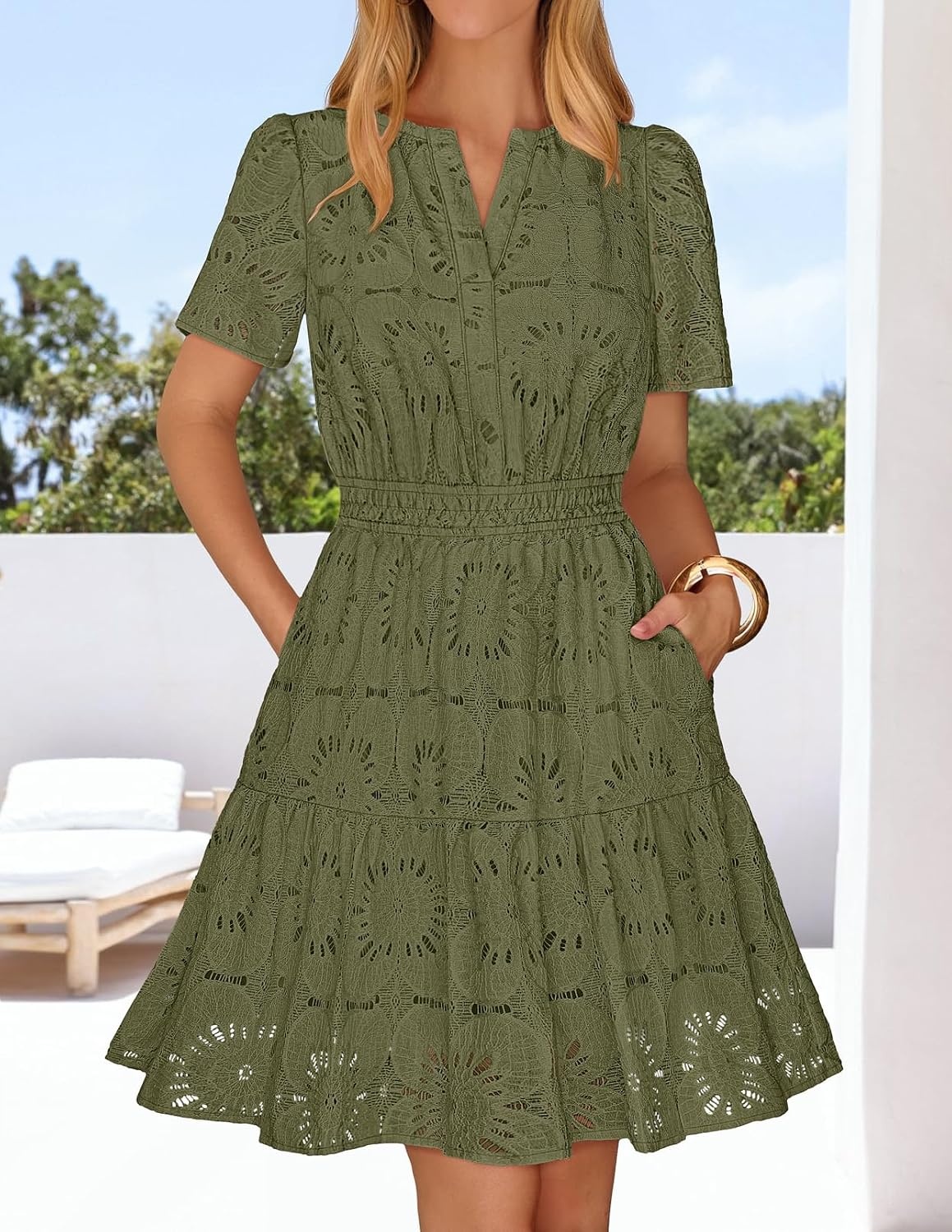 image:imageMEROKEETY Womens Summer Lace Boho Mini Dress 2026 Short Sleeve Floral Eyelet A Line Vacation Beach Short SundressArmy