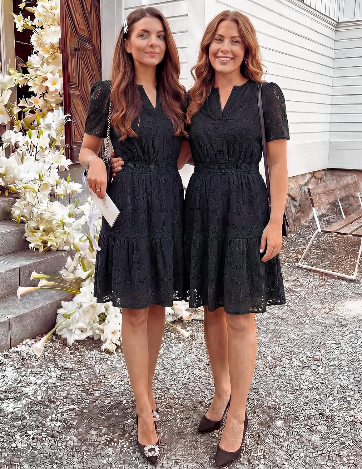 image:imageMEROKEETY Womens Summer Lace Boho Mini Dress 2026 Short Sleeve Floral Eyelet A Line Vacation Beach Short SundressBlack