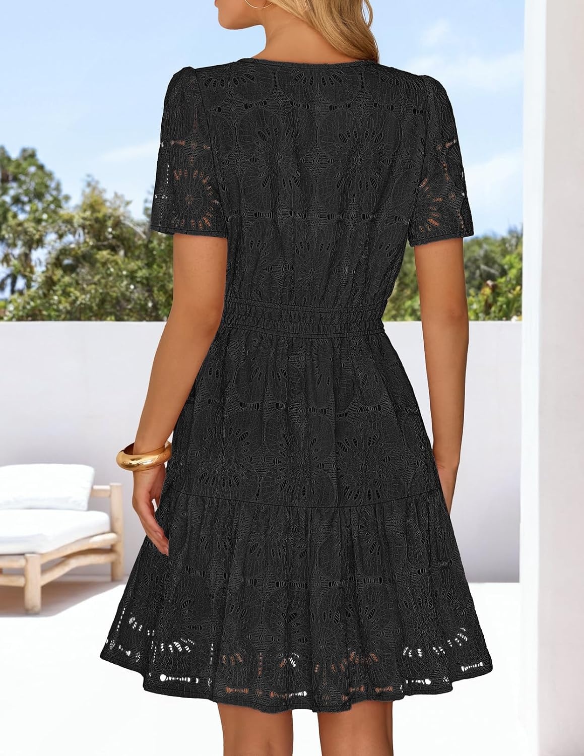 image:imageMEROKEETY Womens Summer Lace Boho Mini Dress 2026 Short Sleeve Floral Eyelet A Line Vacation Beach Short SundressBlack