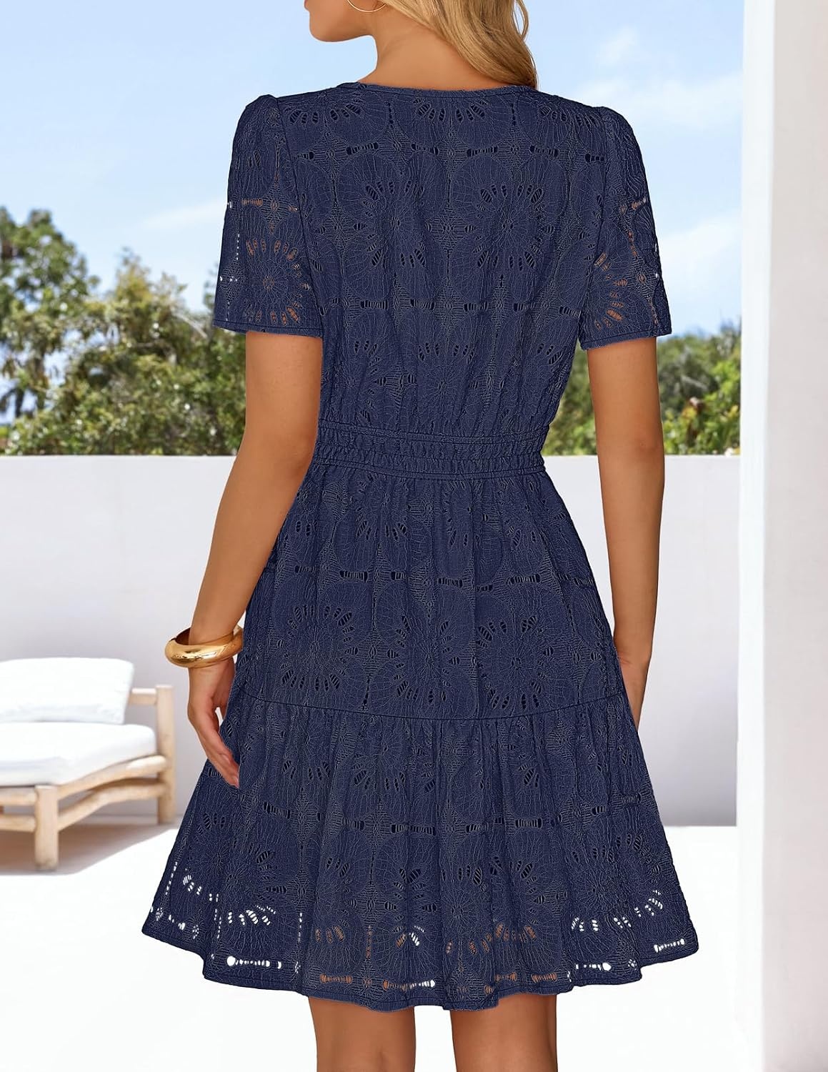 image:imageMEROKEETY Womens Summer Lace Boho Mini Dress 2026 Short Sleeve Floral Eyelet A Line Vacation Beach Short SundressNavy