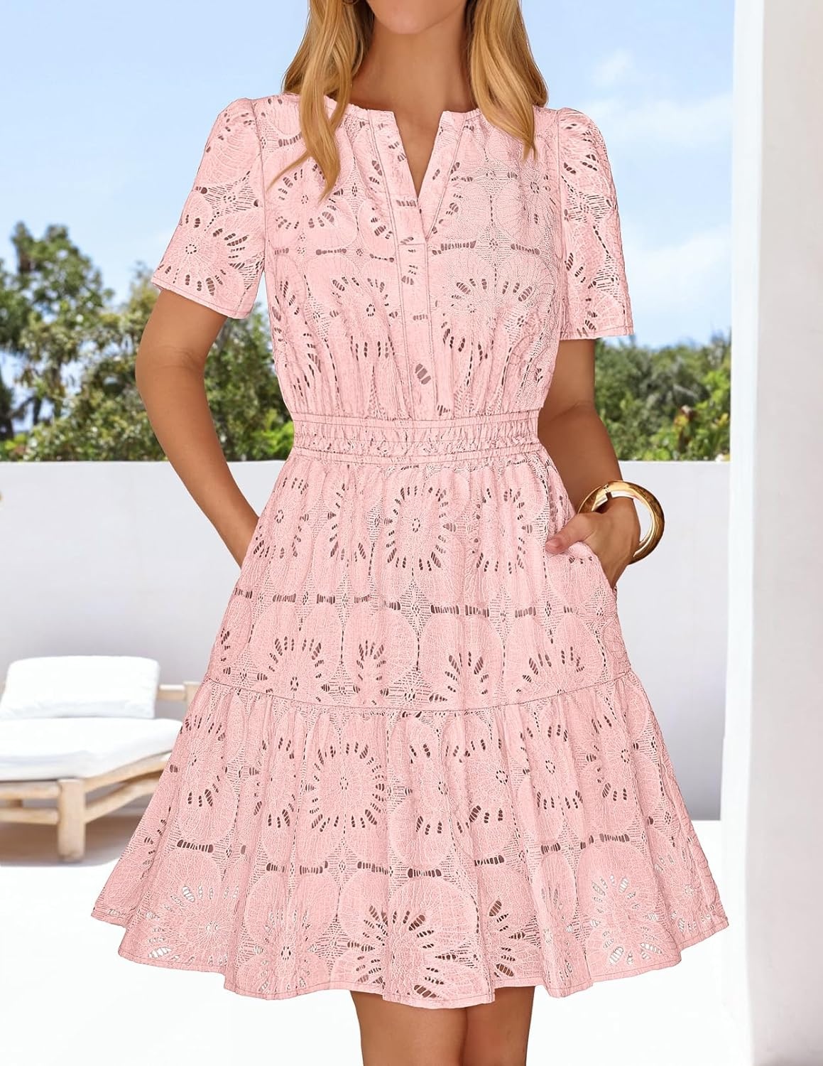 image:imageMEROKEETY Womens Summer Lace Boho Mini Dress 2026 Short Sleeve Floral Eyelet A Line Vacation Beach Short SundressPink