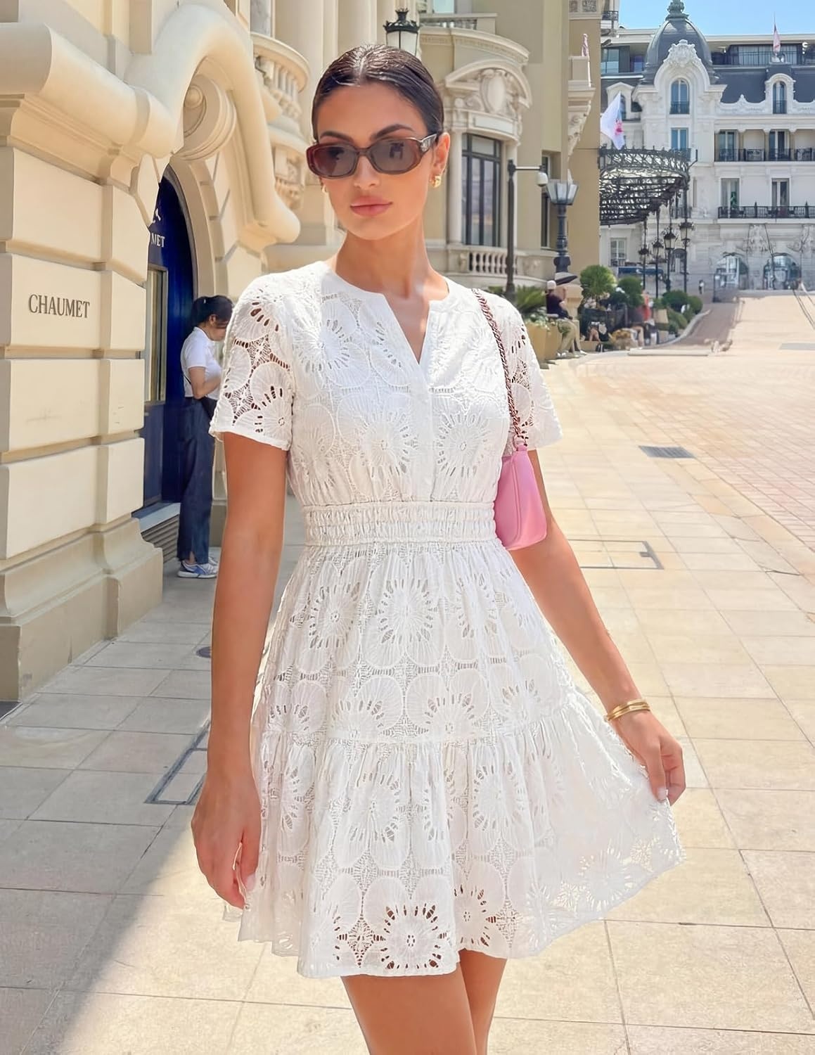 image:imageMEROKEETY Womens Summer Lace Boho Mini Dress 2026 Short Sleeve Floral Eyelet A Line Vacation Beach Short SundressWhite
