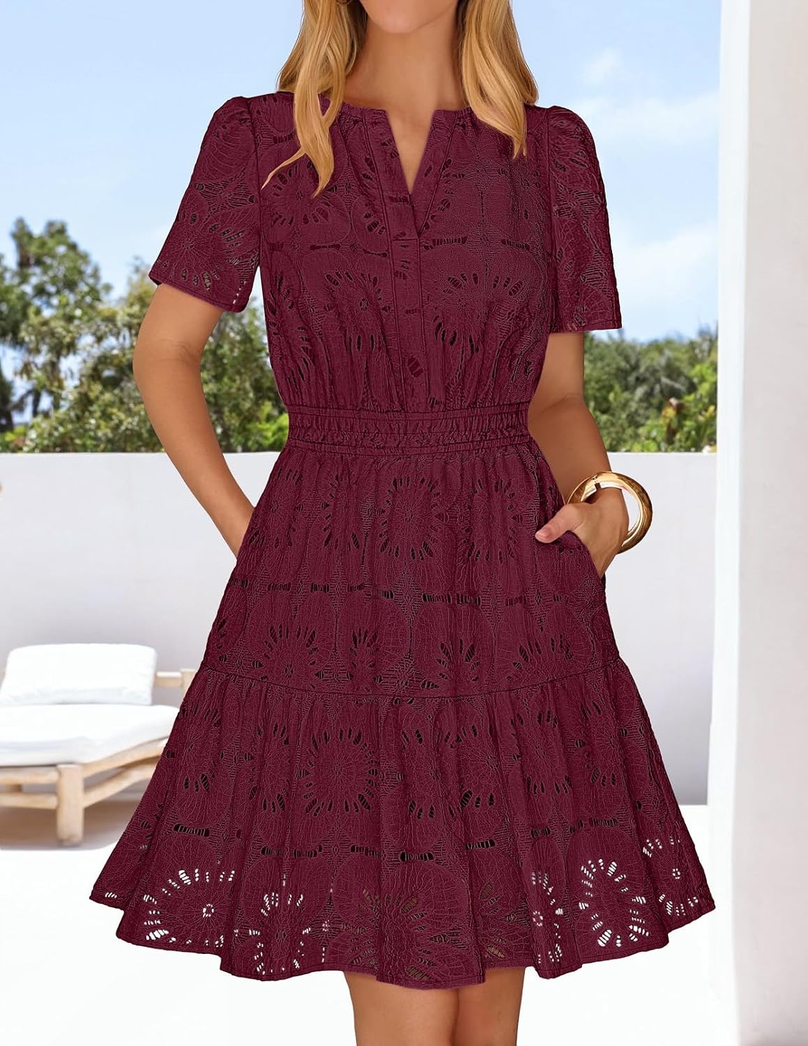 image:imageMEROKEETY Womens Summer Lace Boho Mini Dress 2026 Short Sleeve Floral Eyelet A Line Vacation Beach Short SundressWine