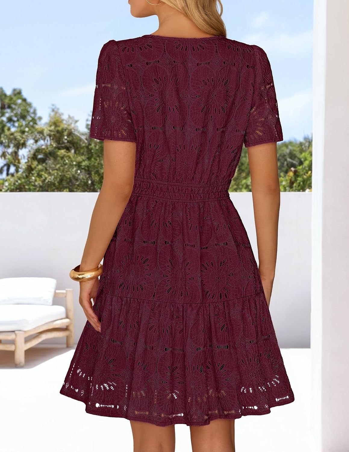 image:imageMEROKEETY Womens Summer Lace Boho Mini Dress 2026 Short Sleeve Floral Eyelet A Line Vacation Beach Short SundressWine