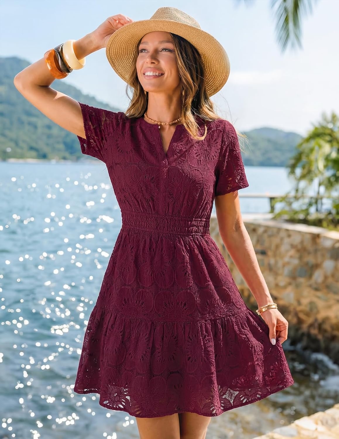 image:imageMEROKEETY Womens Summer Lace Boho Mini Dress 2026 Short Sleeve Floral Eyelet A Line Vacation Beach Short SundressWine