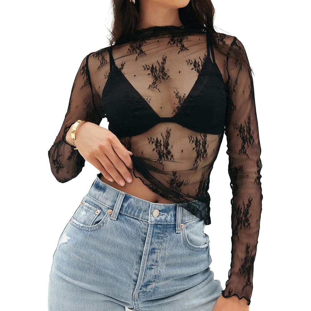 image:imageMEROKEETY Womens Mesh Sheer Lace Long Sleeve Tops 2026 See Through Mock Neck Shirt Fashion Blouses Date Night Outfit ClothesBlack