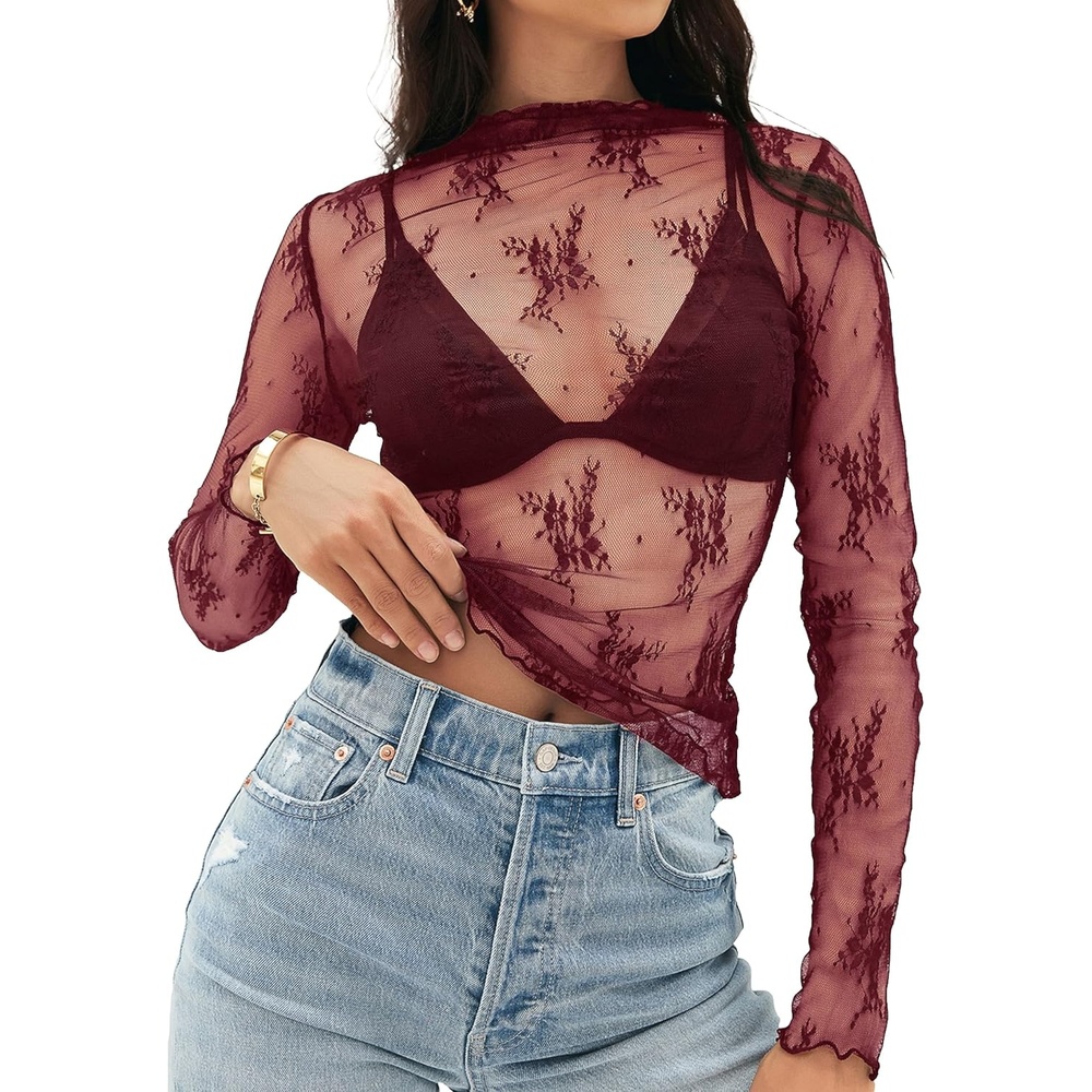 image:imageMEROKEETY Womens Mesh Sheer Lace Long Sleeve Tops 2026 See Through Mock Neck Shirt Fashion Blouses Date Night Outfit ClothesBurgundy