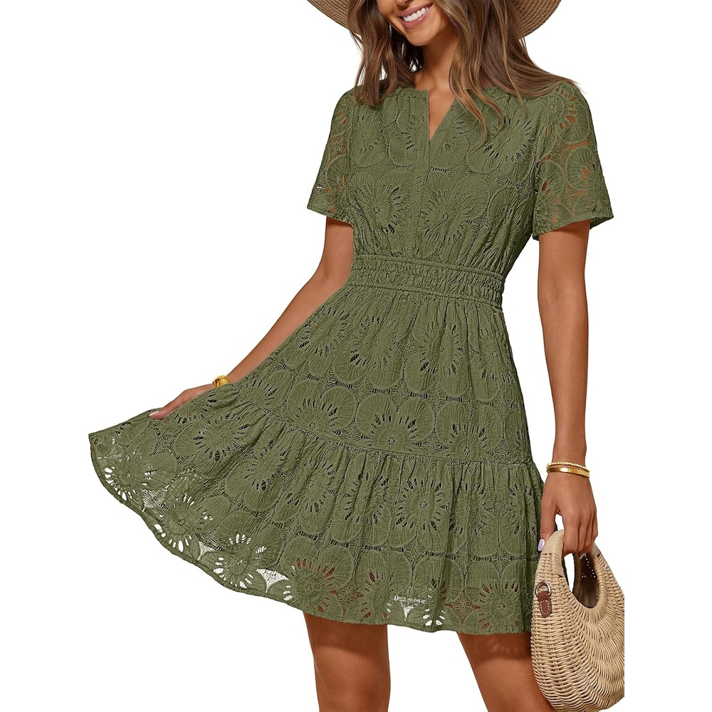 image:imageMEROKEETY Womens Summer Lace Boho Mini Dress 2026 Short Sleeve Floral Eyelet A Line Vacation Beach Short SundressArmy