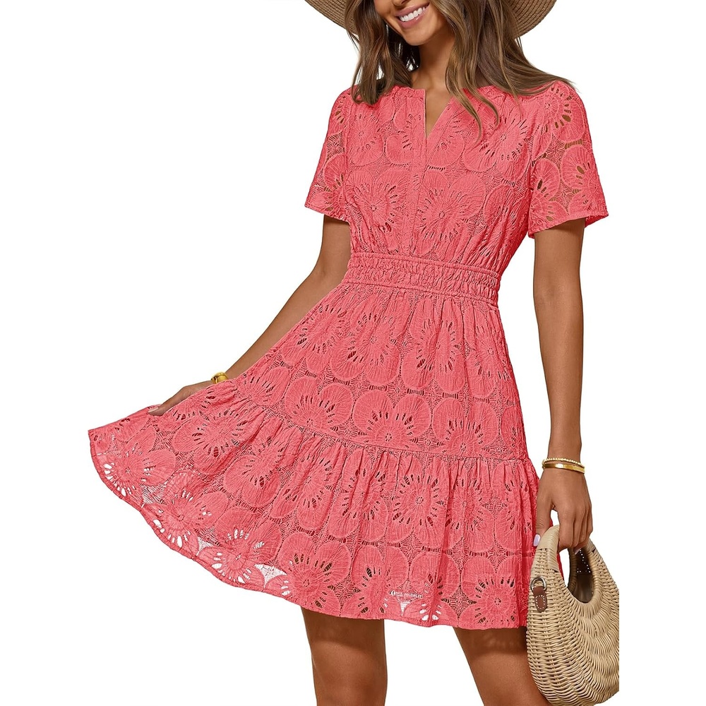 image:imageMEROKEETY Womens Summer Lace Boho Mini Dress 2026 Short Sleeve Floral Eyelet A Line Vacation Beach Short SundressWatermelon