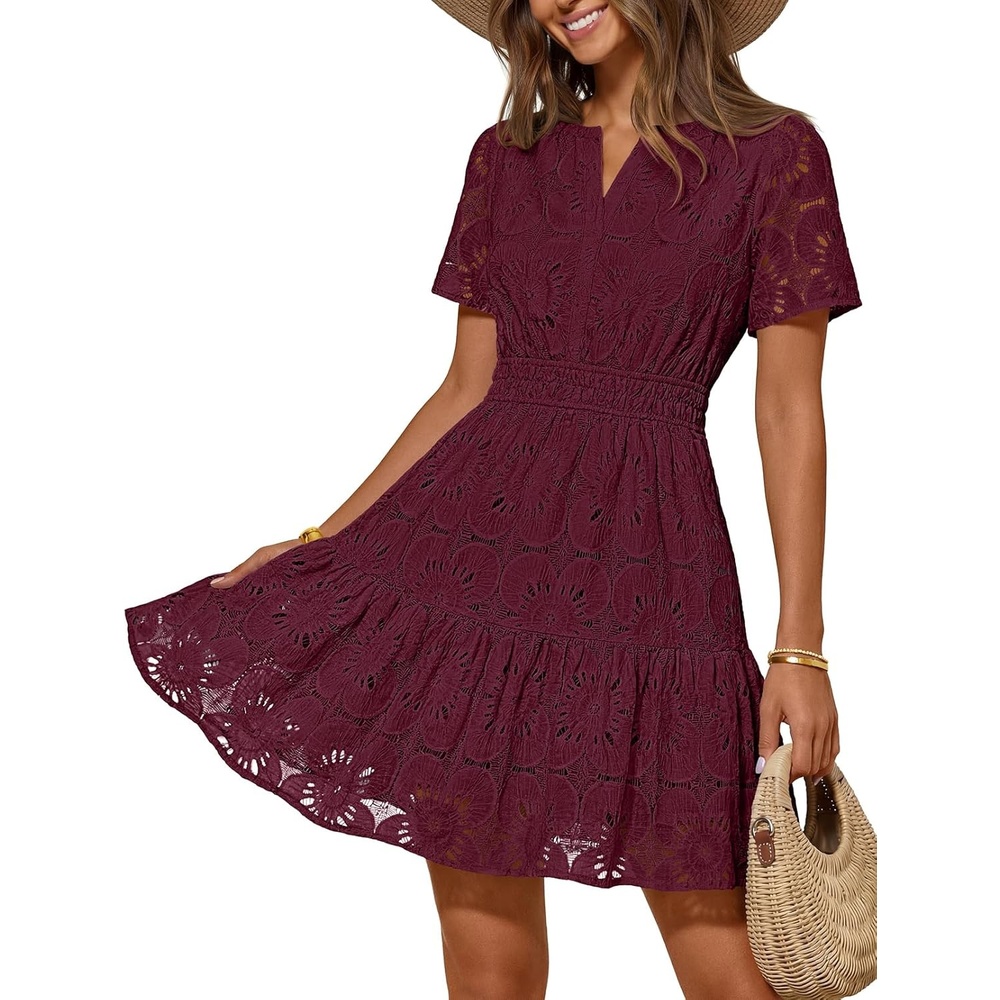 image:imageMEROKEETY Womens Summer Lace Boho Mini Dress 2026 Short Sleeve Floral Eyelet A Line Vacation Beach Short SundressWine