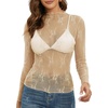 MEROKEETY Womens Mesh Sheer Lace Long Sleeve Tops 2026 See Through Mock Neck Shirt Fashion Blouses Date Night Outfit Clothes(Apricot)