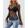 MEROKEETY Womens Mesh Sheer Lace Long Sleeve Tops 2026 See Through Mock Neck Shirt Fashion Blouses Date Night Outfit Clothes(Black2)