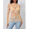 MEROKEETY Womens Mesh Sheer Lace Long Sleeve Tops 2026 See Through Mock Neck Shirt Fashion Blouses Date Night Outfit Clothes(Blushapricot)