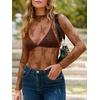 MEROKEETY Womens Mesh Sheer Lace Long Sleeve Tops 2026 See Through Mock Neck Shirt Fashion Blouses Date Night Outfit Clothes(Brown)