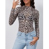 MEROKEETY Womens Mesh Sheer Lace Long Sleeve Tops 2026 See Through Mock Neck Shirt Fashion Blouses Date Night Outfit Clothes(Leopard)