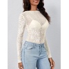 MEROKEETY Womens Mesh Sheer Lace Long Sleeve Tops 2026 See Through Mock Neck Shirt Fashion Blouses Date Night Outfit Clothes(Leopardwhite)