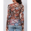 MEROKEETY Womens Mesh Sheer Lace Long Sleeve Tops 2026 See Through Mock Neck Shirt Fashion Blouses Date Night Outfit Clothes(Multicolor)