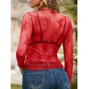 MEROKEETY Womens Mesh Sheer Lace Long Sleeve Tops 2026 See Through Mock Neck Shirt Fashion Blouses Date Night Outfit Clothes(Red)