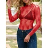 MEROKEETY Womens Mesh Sheer Lace Long Sleeve Tops 2026 See Through Mock Neck Shirt Fashion Blouses Date Night Outfit Clothes(Red)