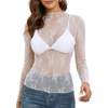 MEROKEETY Womens Mesh Sheer Lace Long Sleeve Tops 2026 See Through Mock Neck Shirt Fashion Blouses Date Night Outfit Clothes(White)