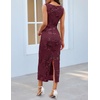 MEROKEETY Women’s Summer Floral Bodycon Maxi Dress 2026 Slit Mesh Sleeveless Formal Wedding Guest Cocktail Party Long Dresses(Burgundy)