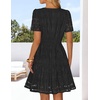 MEROKEETY Women’s Summer Lace Boho Mini Dress 2026 Short Sleeve Floral Eyelet A Line Vacation Beach Short Sundress(Black)